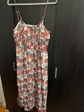 Wilfred Floral Smocked Dress in Rust and Light Blue